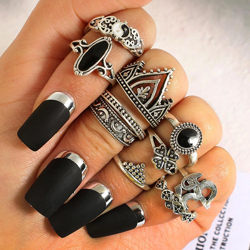 10Pcs Bohemian Statement Ring Set Vintage Crown Star Moon Flower Knuckle Rings for Women