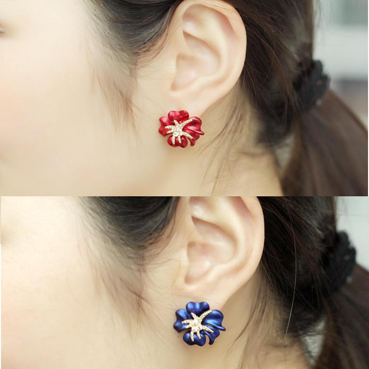 1 Pair Elegant Brilliant Blue Red Blooming Flowers Golden Rhinestones Stud Earrings